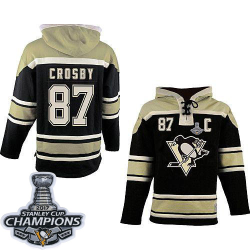 Penguins #87 Sidney Crosby Black Sawyer Hooded Sweatshirt Stanley Cup Finals Champions Stitched NHL Jersey